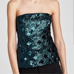 ZARA Sequin Strapless Top - green XS